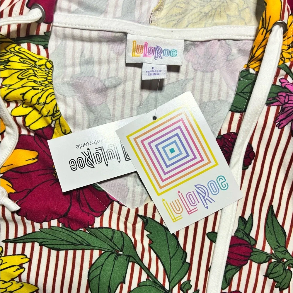 LuLaRoe Floral Stripe Hooded Top - Red Yellow & Green - Picture 2 of 3